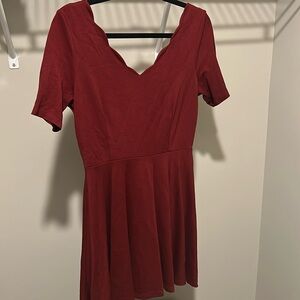 Burgundy Scalloped Holiday Dress Short Sleeve